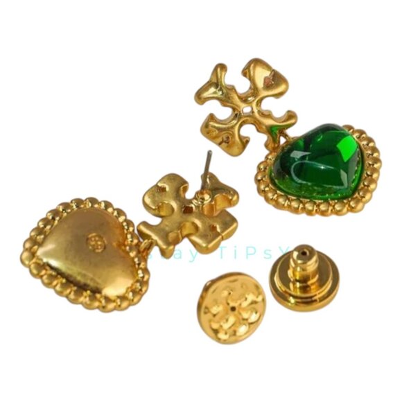 Tory Burch Emerald Green and Gold Roxanne Heart Drop Earrings - Picture 3 of 6